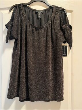 INC International Concepts Black Metallic Cold-Shoulder Tunic
